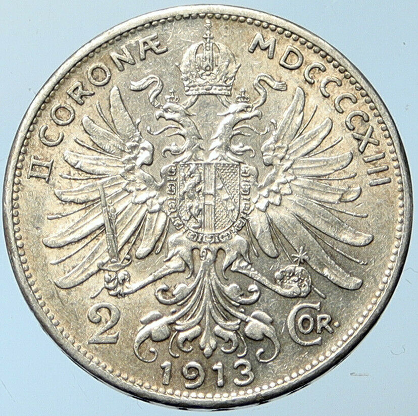 1913 AUSTRIA KING FRANZ JOSEPH I Eagle Antique OLD Silver 2 Corona Coin i100265