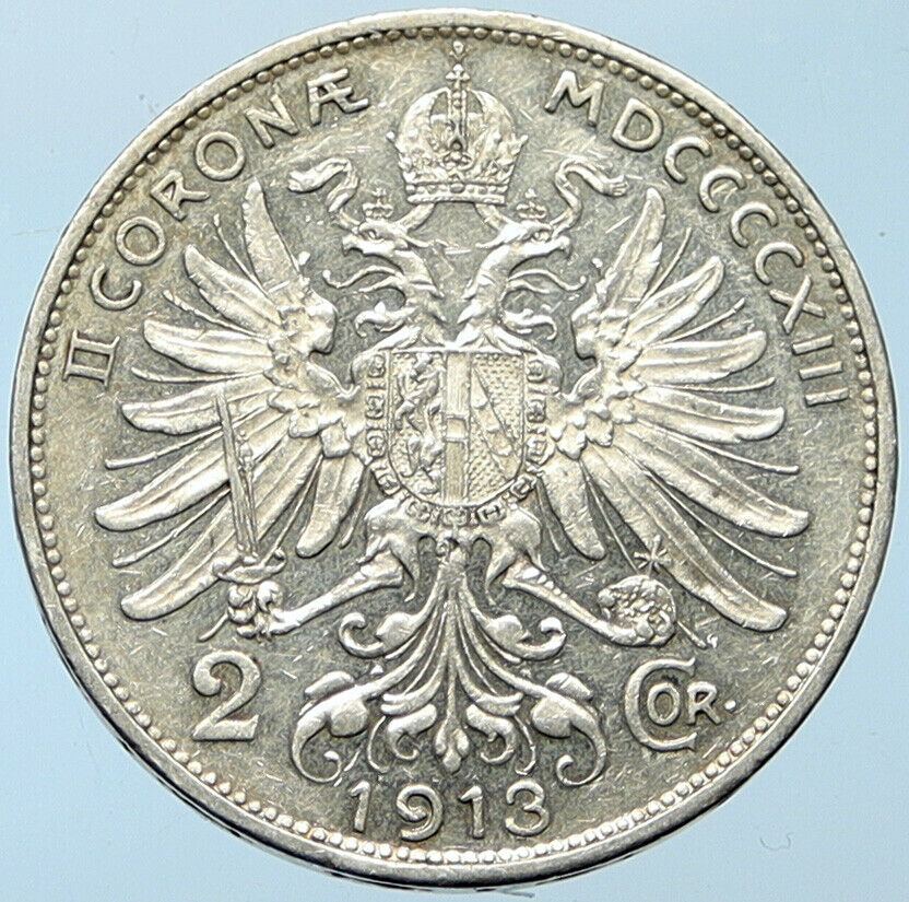 1913 AUSTRIA KING FRANZ JOSEPH I Eagle Antique OLD Silver 2 Corona Coin i100263