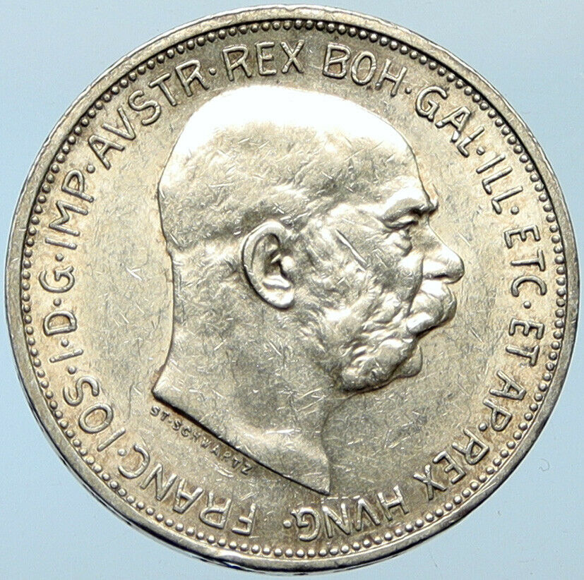 1913 AUSTRIA KING FRANZ JOSEPH I Eagle Antique OLD Silver 2 Corona Coin i100276