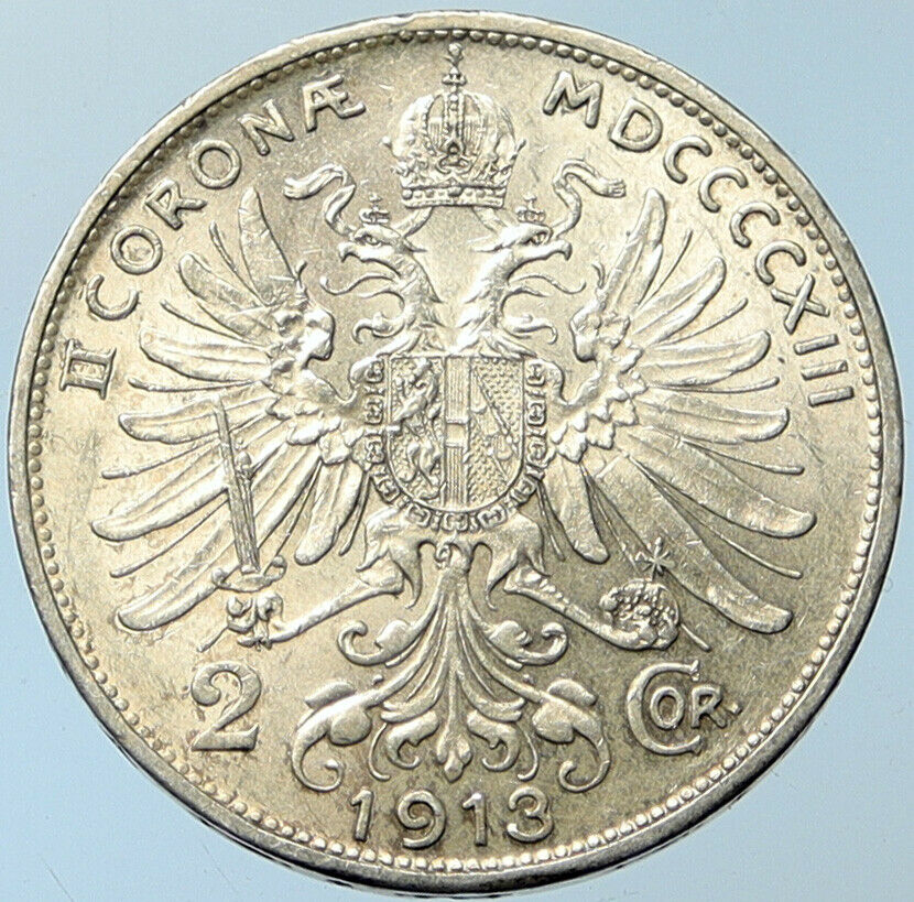 1913 AUSTRIA KING FRANZ JOSEPH I Eagle Antique OLD Silver 2 Corona Coin i100276