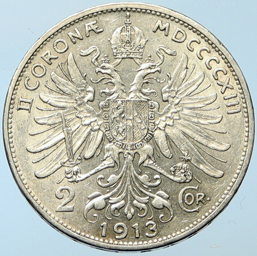 1913 AUSTRIA KING FRANZ JOSEPH I Eagle Antique OLD Silver 2 Corona Coin i100266