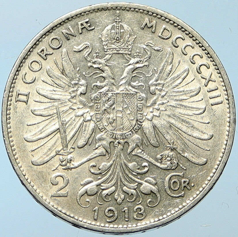 1913 AUSTRIA KING FRANZ JOSEPH I Eagle Antique OLD Silver 2 Corona Coin i100268