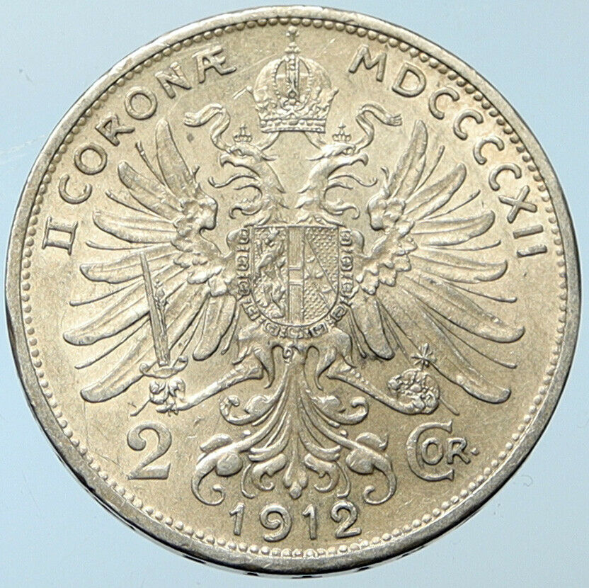 1912 AUSTRIA KING FRANZ JOSEPH I Eagle Antique OLD Silver 2 Corona Coin i100282