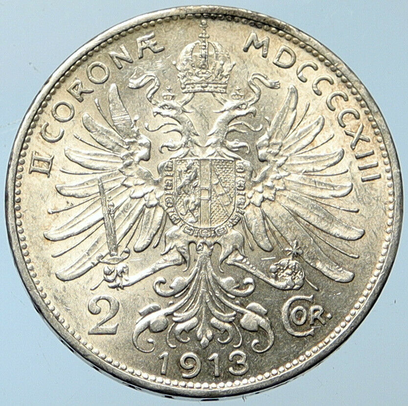 1913 AUSTRIA KING FRANZ JOSEPH I Eagle Antique OLD Silver 2 Corona Coin i100270