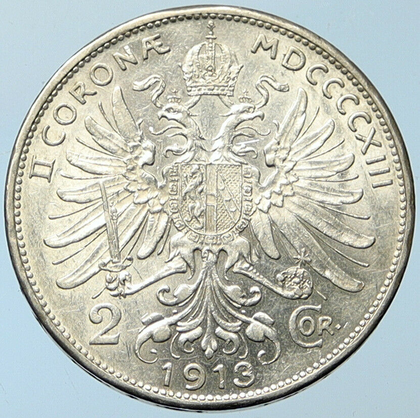 1913 AUSTRIA KING FRANZ JOSEPH I Eagle Antique OLD Silver 2 Corona Coin i100272