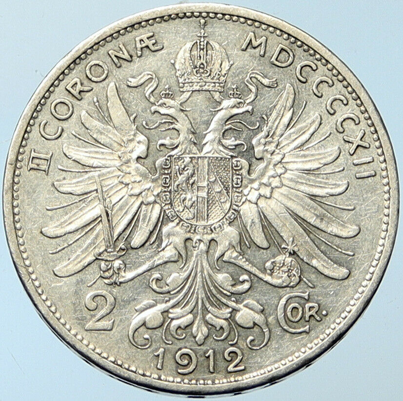 1912 AUSTRIA KING FRANZ JOSEPH I Eagle Antique OLD Silver 2 Corona Coin i100275