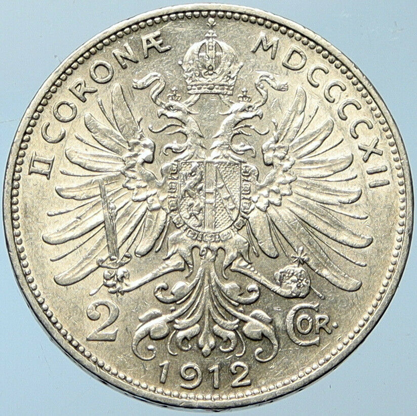 1912 AUSTRIA KING FRANZ JOSEPH I Eagle Antique OLD Silver 2 Corona Coin i100273