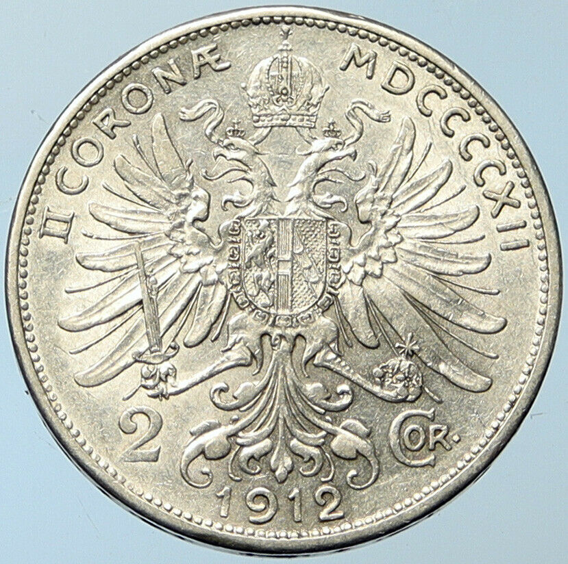 1912 AUSTRIA KING FRANZ JOSEPH I Eagle Antique OLD Silver 2 Corona Coin i100283