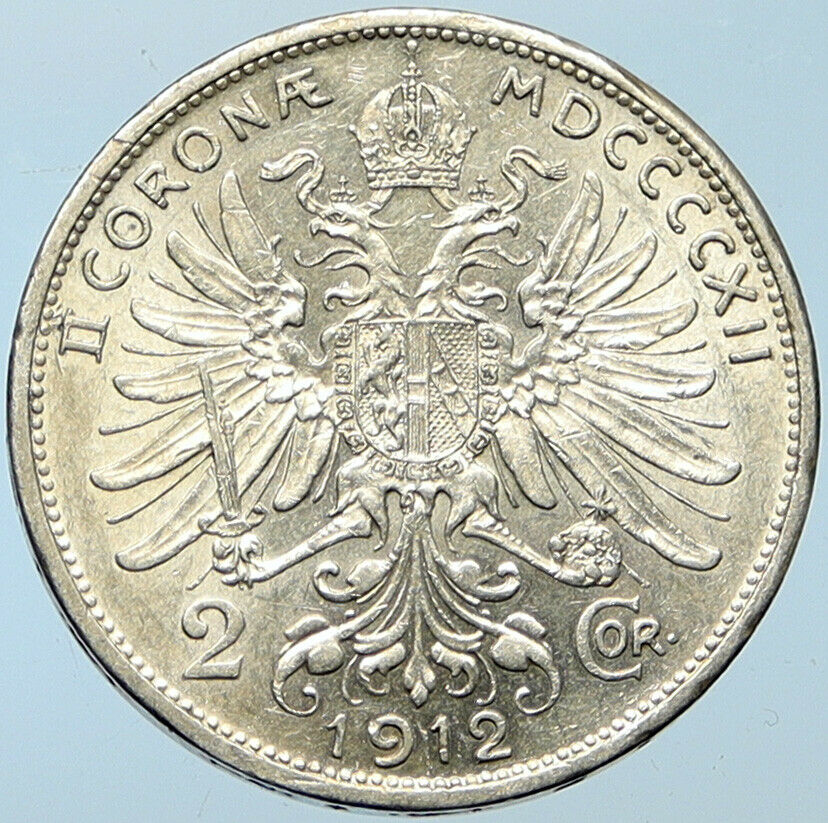 1912 AUSTRIA KING FRANZ JOSEPH I Eagle Antique OLD Silver 2 Corona Coin i100277