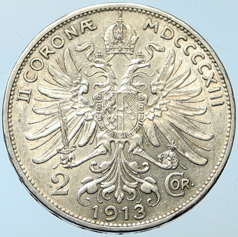 1913 AUSTRIA KING FRANZ JOSEPH I Eagle Antique OLD Silver 2 Corona Coin i100267