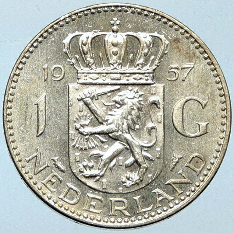 1957 NETHERLANDS Kingdom Queen JULIANA Vintage OLD Silver 1 Gulden Coin i100286