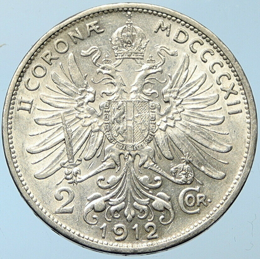 1912 AUSTRIA KING FRANZ JOSEPH I Eagle Antique OLD Silver 2 Corona Coin i100260