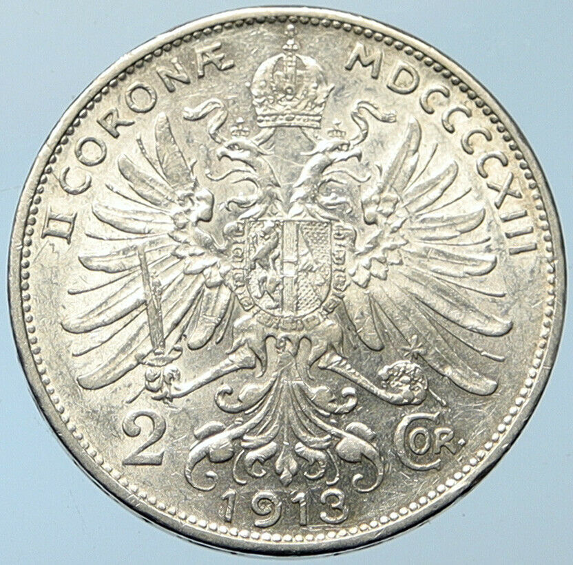 1913 AUSTRIA KING FRANZ JOSEPH I Eagle Antique OLD Silver 2 Corona Coin i100269