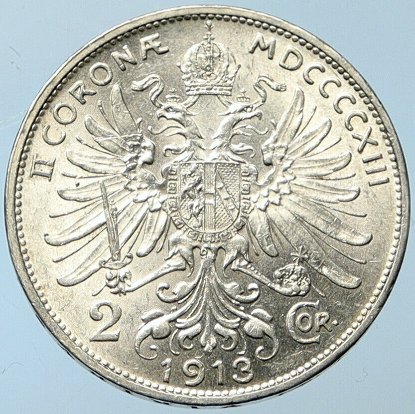 1913 AUSTRIA KING FRANZ JOSEPH I Eagle Antique OLD Silver 2 Corona Coin i100262