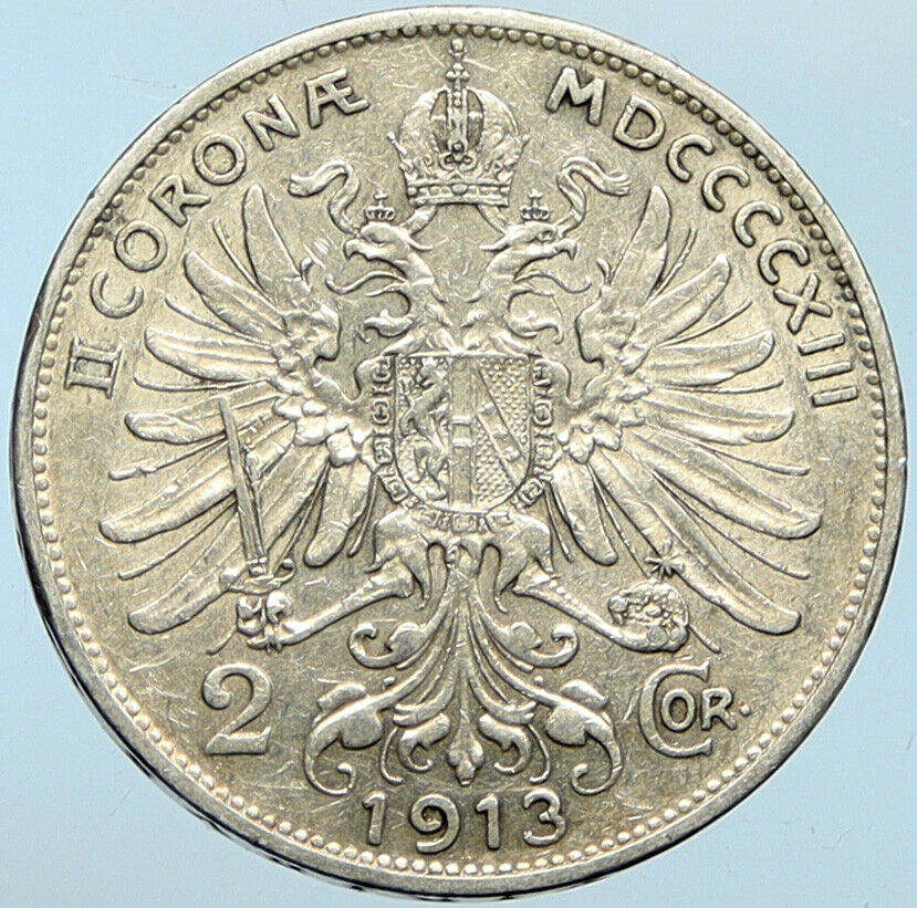 1913 AUSTRIA KING FRANZ JOSEPH I Eagle Antique OLD Silver 2 Corona Coin i100274