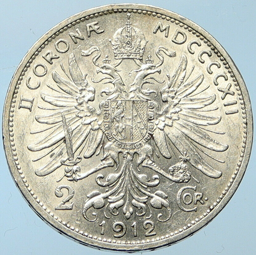 1912 AUSTRIA KING FRANZ JOSEPH I Eagle Antique OLD Silver 2 Corona Coin i100261