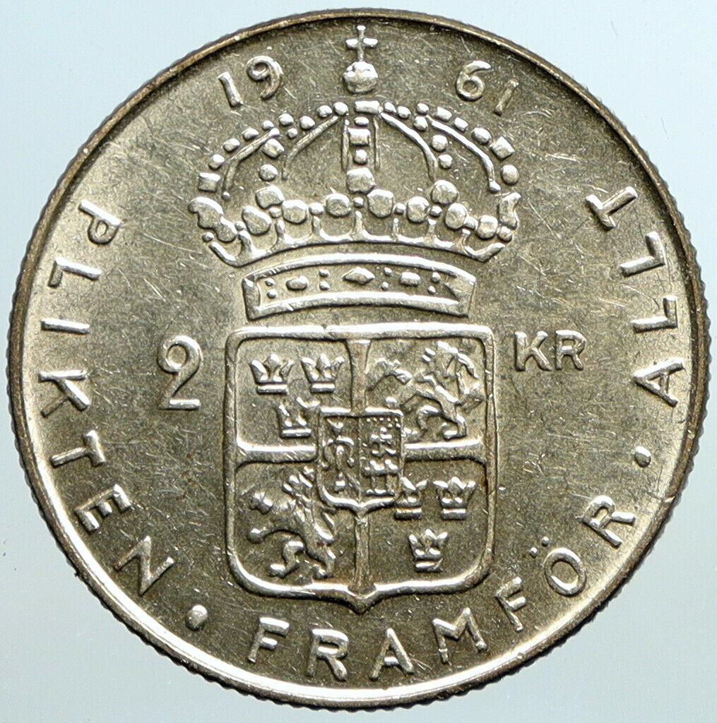 1961 SWEDEN Antique Silver 2 Kronor KING Gustav VI SWEDISH Vintage Coin i101570