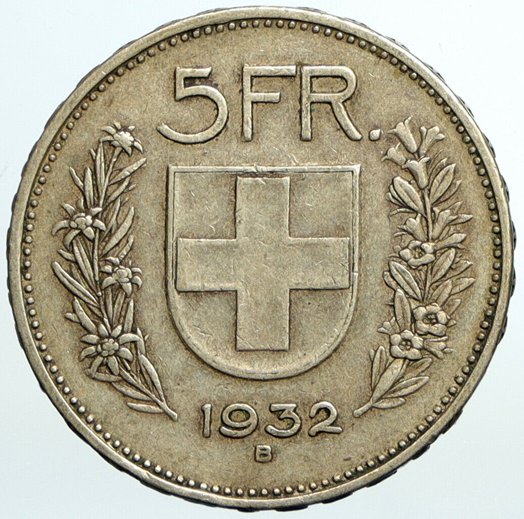 1932 B Switzerland Founding HERO WILLIAM TELL 5 Francs Silver Swiss Coin i101582