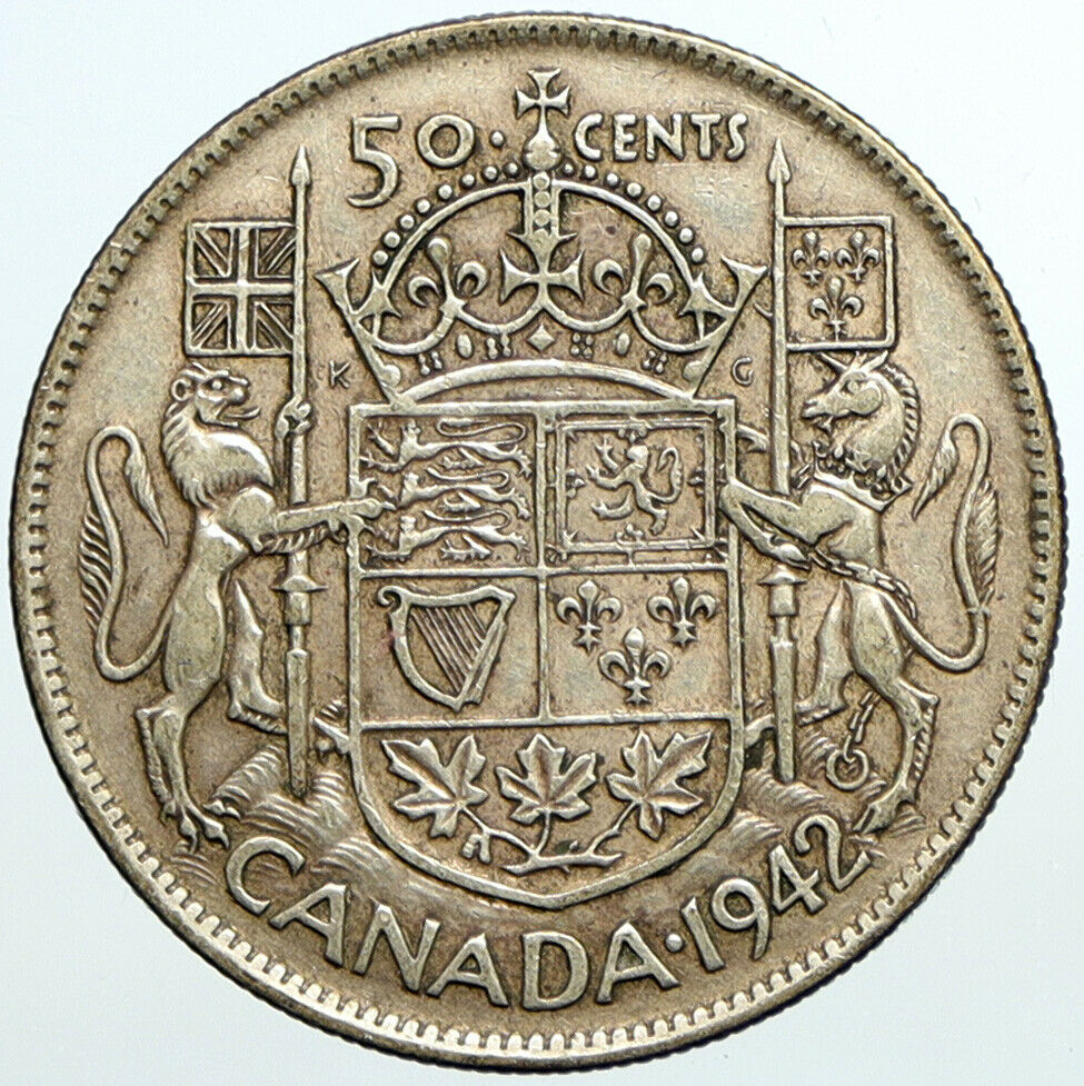 1942 CANADA WWII Time King GEORGE VI Coat-of-Arms SILVER 50 Cents Coin i101576