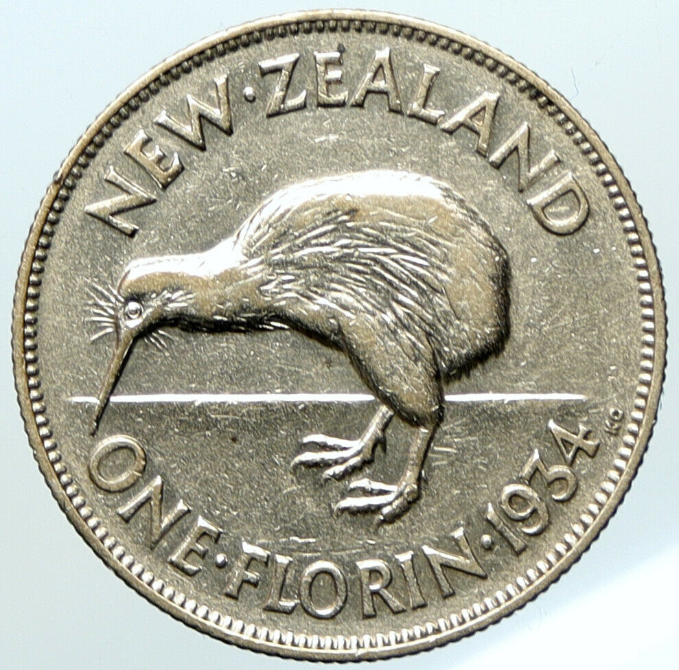 1934 NEW ZEALAND under UK King George V w KIWI BIRD Silver Florin Coin i101126