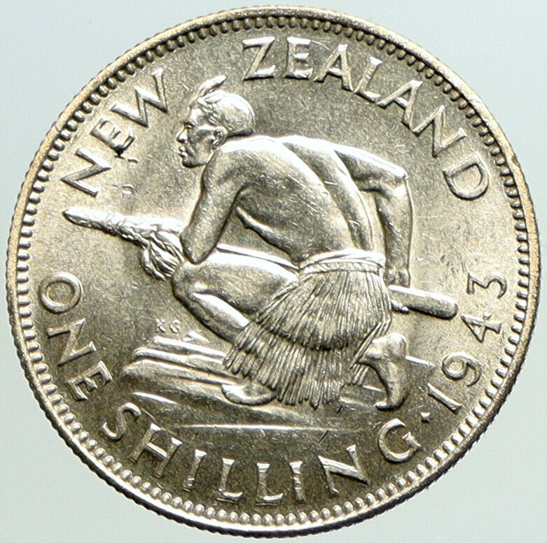 1943 NEW ZEALAND UK GEORGE VI Native Maori Warrior Silver Shilling Coin i101185