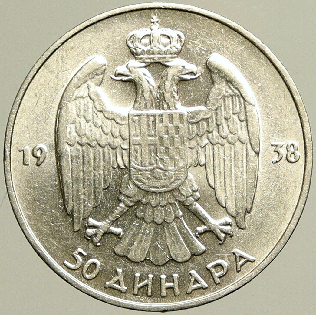 1938 YUGOSLAVIA King Peter II Crown Eagle ANTIQUE Silver 50 Dinara Coin i101430