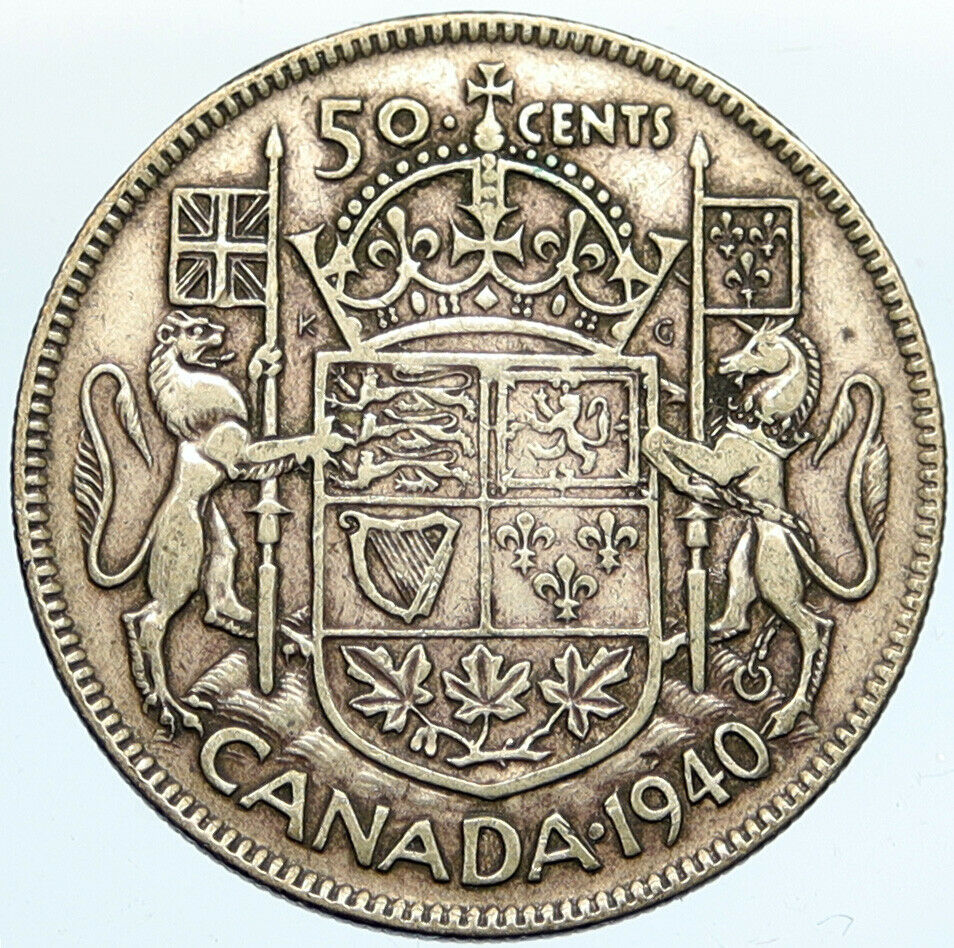 1940 CANADA UK King GEORGE VI Coat-of-Arms Large SILVER 50 Cents Coin i101567