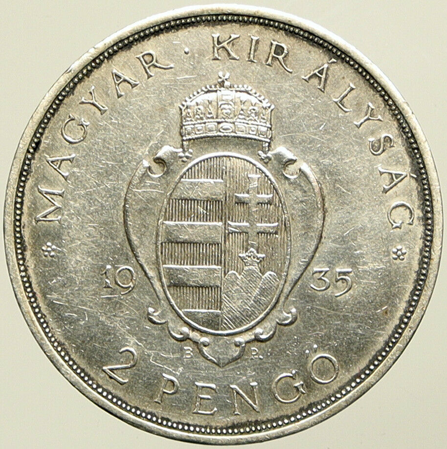 1935 HUNGARY Miklós Horthy MADONNA CHILD Antique OLD Silver 2 Pengo Coin i101439