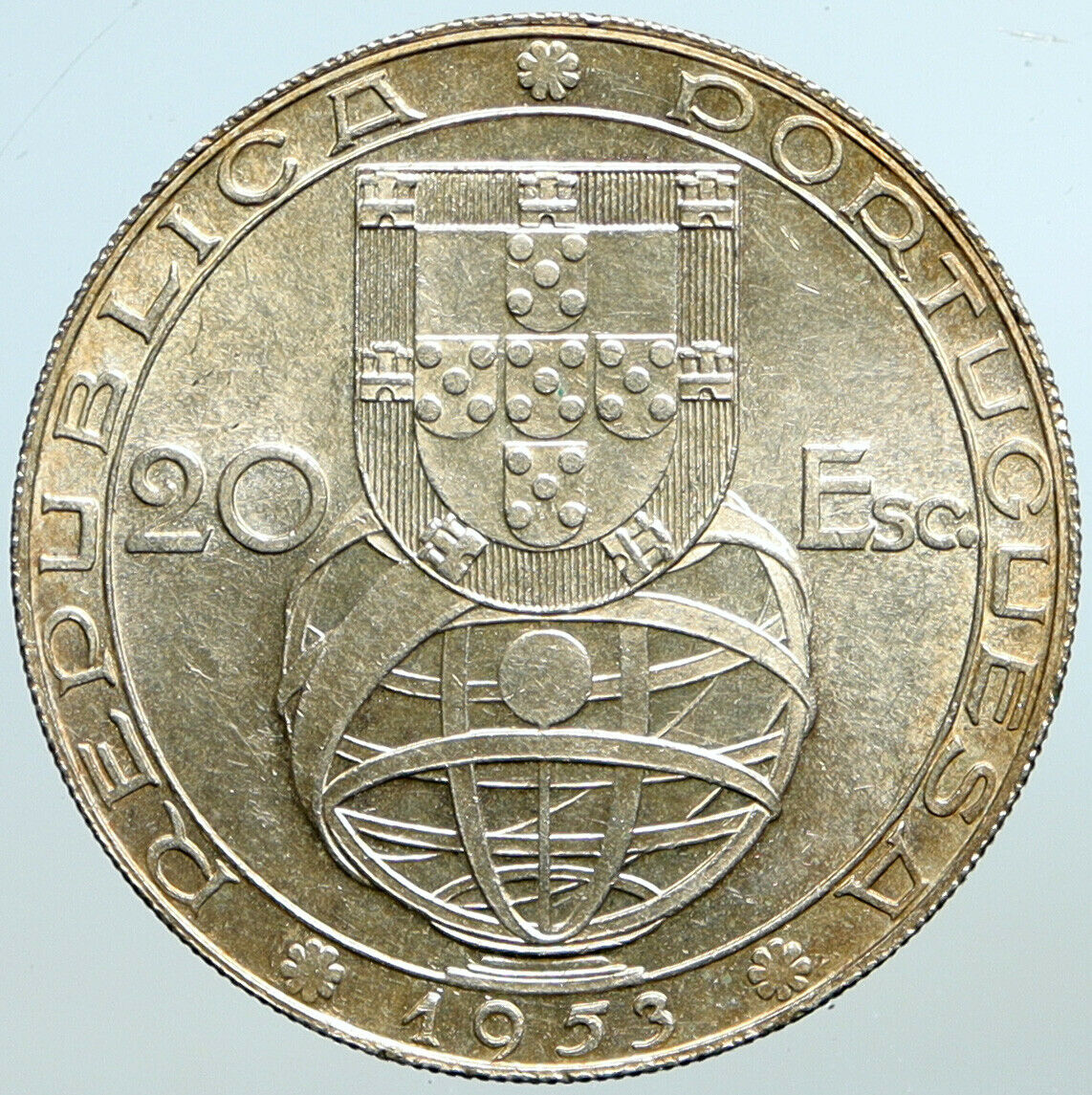 1953 PORTUGAL 25 Years Financial Reform VINTAGE Silver 20 Escudos Coin i101359