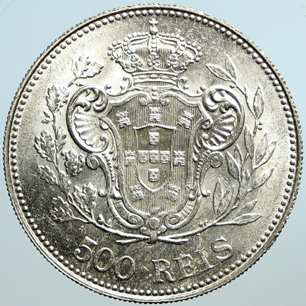 1908 PORTUGAL King EMANUEL II Vintage OLD Crowned Silver 500 Reis Coin i101358