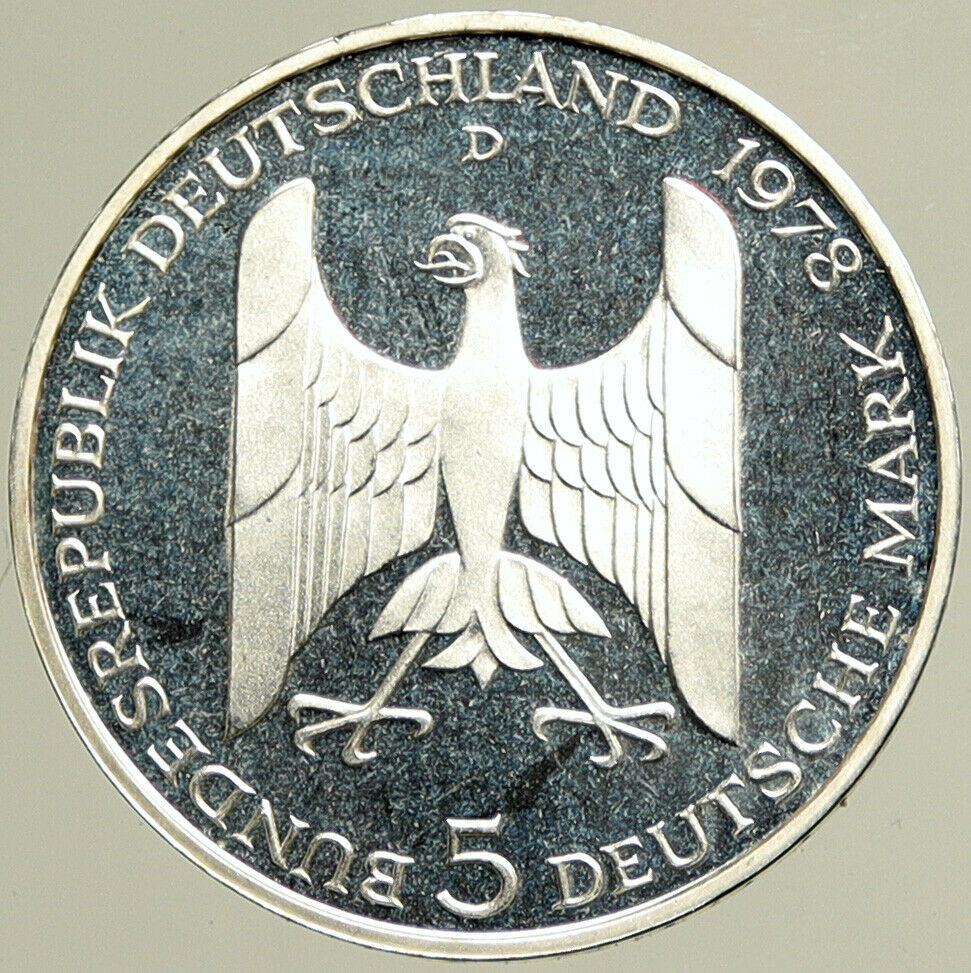 1978 D GERMANY Gustav Stresemann Genuine Proof Silver German 5 Mark Coin i101432