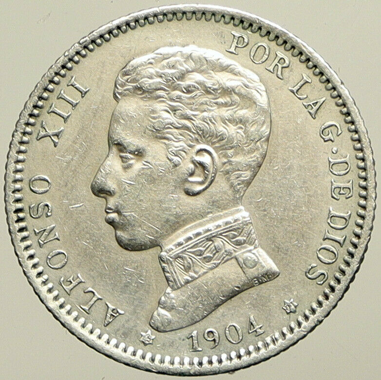 1904 SPAIN Spanish King ALFONSO XIII Antique VINTAGE Silver Peseta Coin i101440