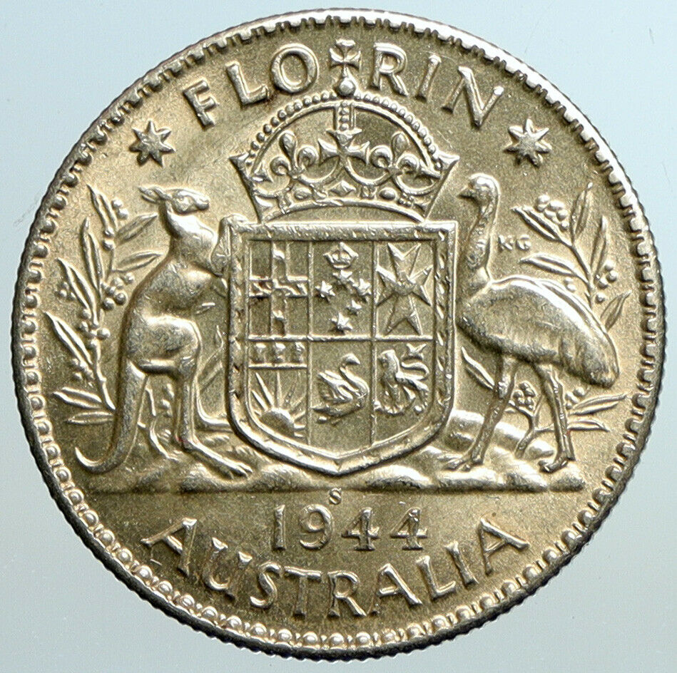 1944 S AUSTRALIA King George VI Kangaroos VINTAGE Old Silver Florin Coin i101581