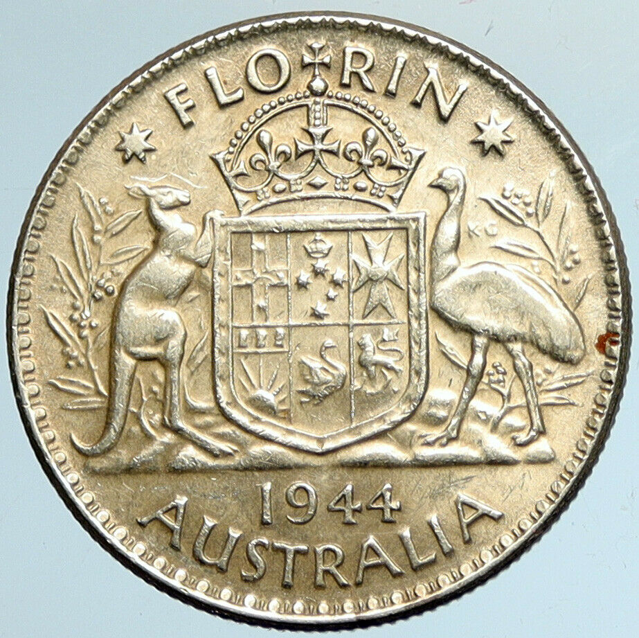 1944 M AUSTRALIA King George VI Kangaroos VINTAGE Old Silver Florin Coin i101548