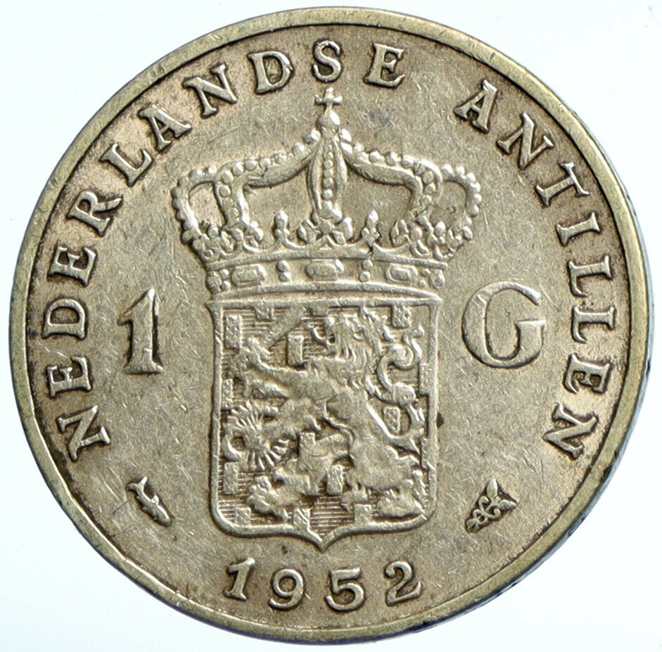 1952 NETHERLANDS ANTILLES Queen JULIANA Vintage SILVER OLD Gulden Coin i101720