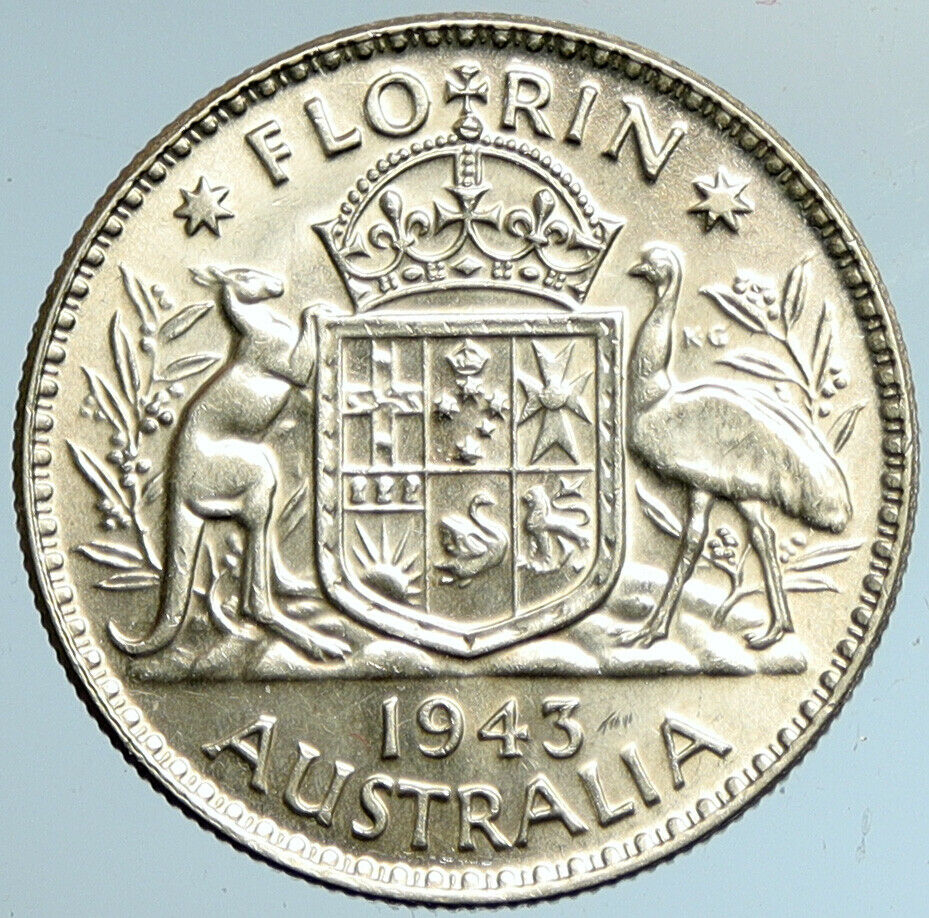 1943 M AUSTRALIA King George VI Kangaroos VINTAGE Old Silver Florin Coin i101550