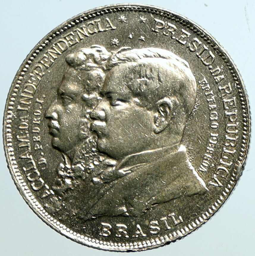 1922 BRAZIL King Dom Pedro & President Pessoa OLD Silver 2000 Reis Coin i101537