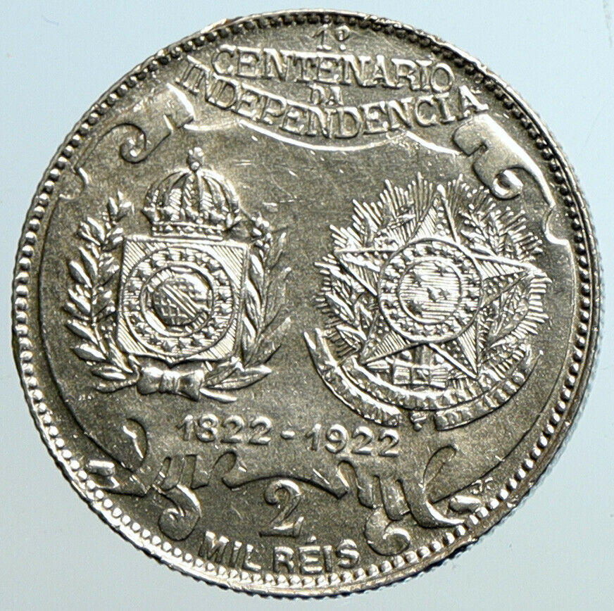 1922 BRAZIL King Dom Pedro & President Pessoa OLD Silver 2000 Reis Coin i101537