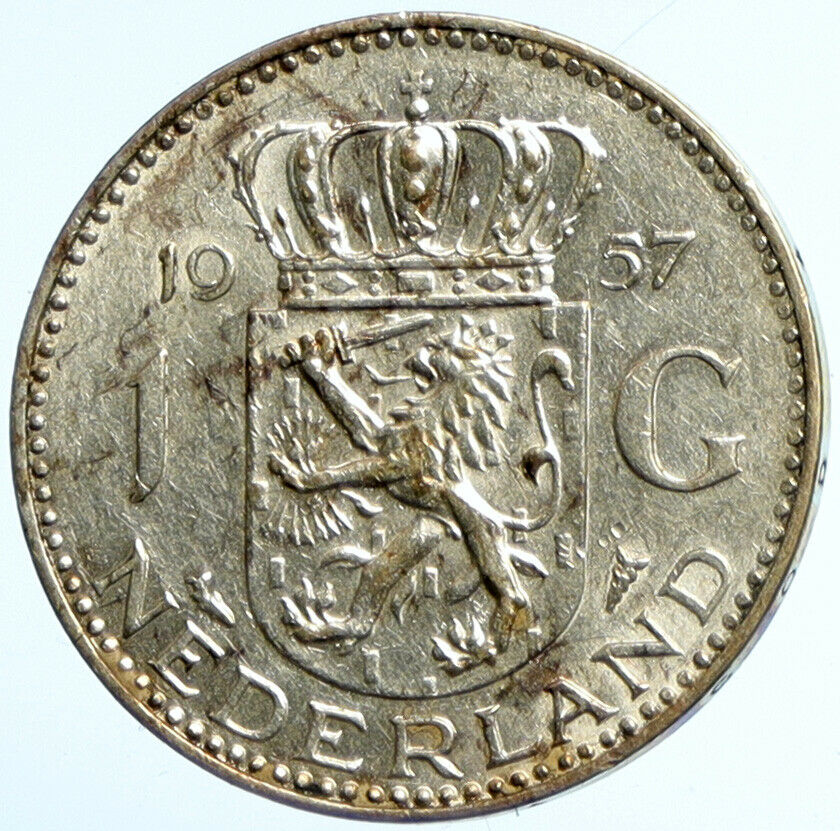 1957 NETHERLANDS Kingdom Queen JULIANA Vintage OLD Silver 1 Gulden Coin i101725