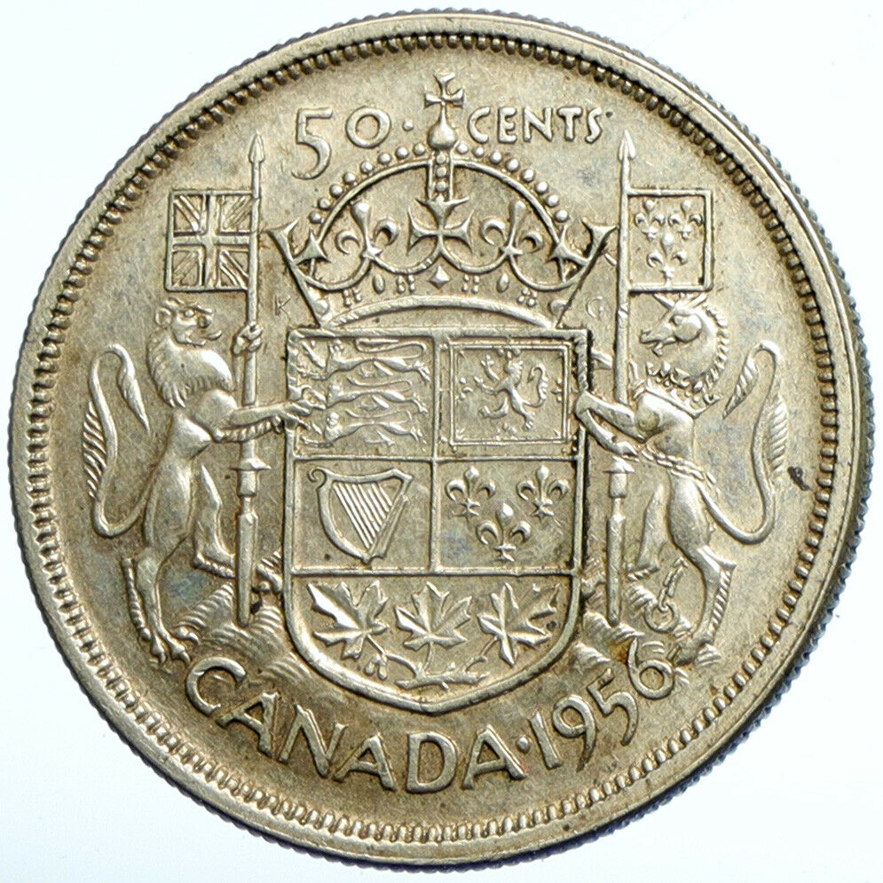 1956 CANADA Large SILVER 50 Cents Coin Queen Elizabeth II Coat-of-Arms i101724