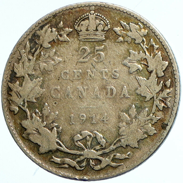 1914 CANADA UK King George V Genuine Original SILVER 25 CENTS Coin i101730