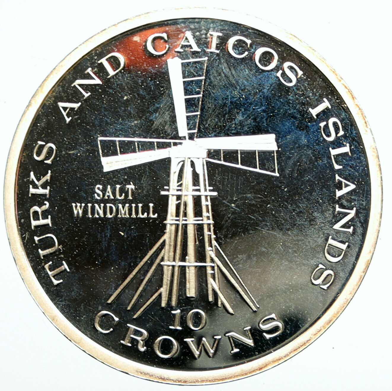 1976 TURKS AND CAICOS Salt Windmill VINTAGE Proof Silver 10 Crown Coin i101523