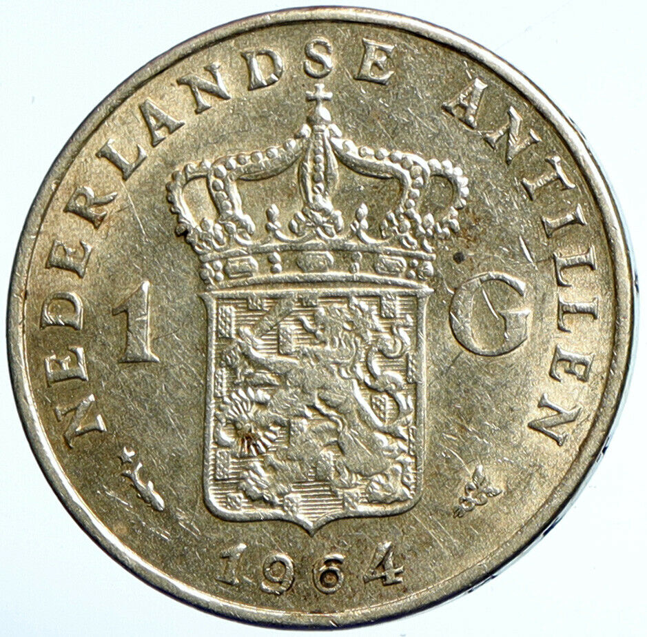 1964 NETHERLANDS ANTILLES Queen JULIANA Vintage SILVER OLD Gulden Coin i101731