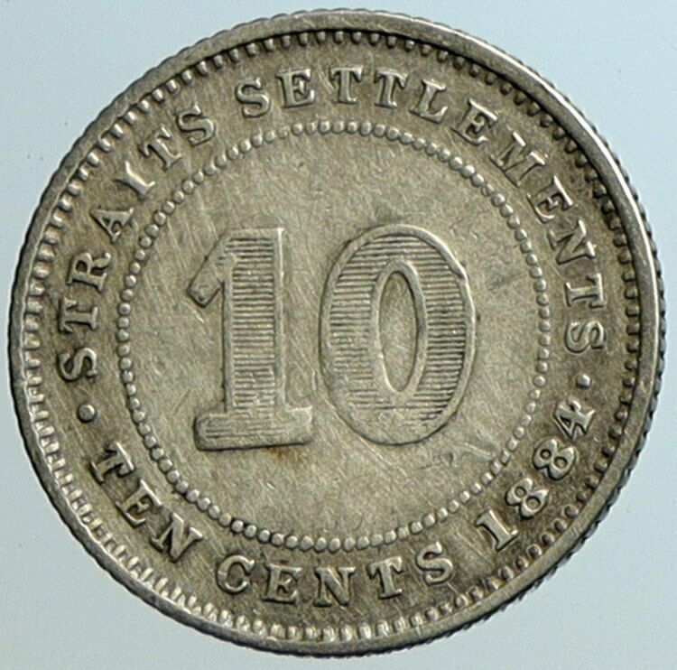 1884 STRAITS SETTLEMENTS UK Queen Victoria VINTAGE Antique 10 CENT Coin i101533