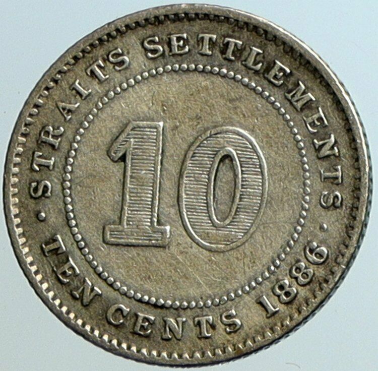 1884 STRAITS SETTLEMENTS UK Queen Victoria VINTAGE Antique 10 CENT Coin i101534