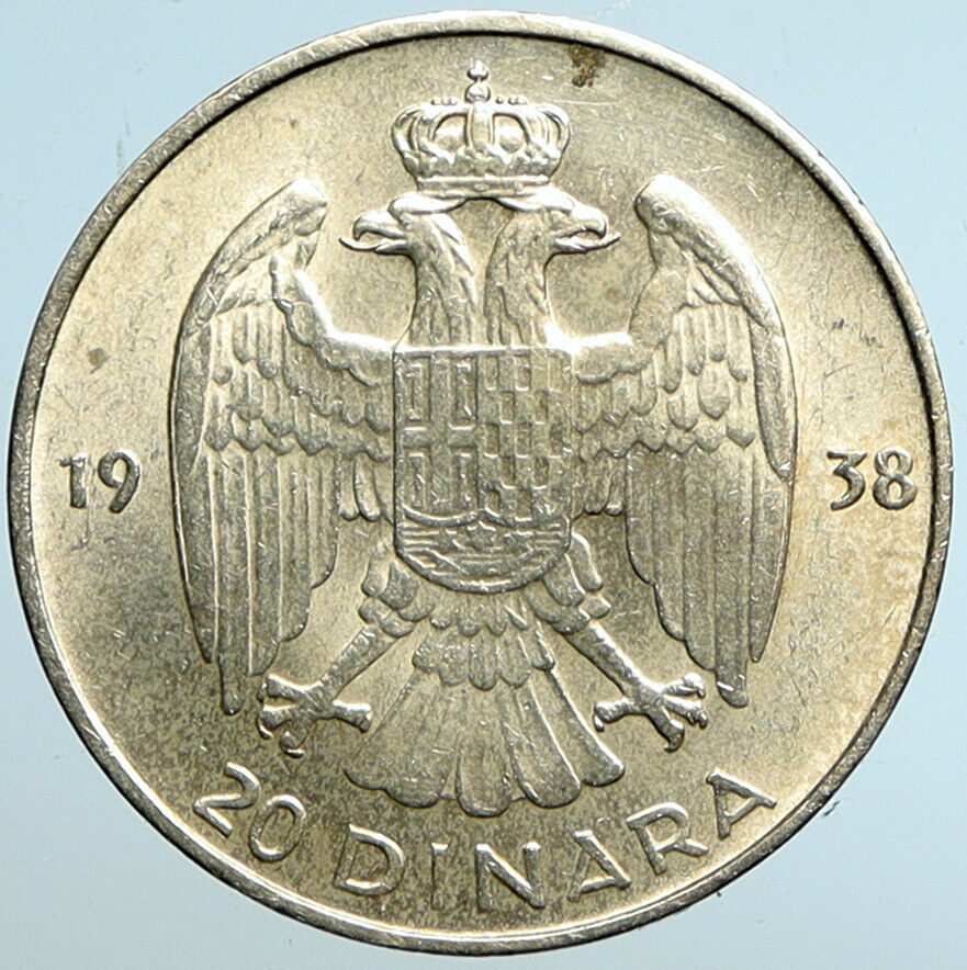 1938 YUGOSLAVIA King Peter II Eagle VINTAGE Old Silver 20 Dinara Coin i101525