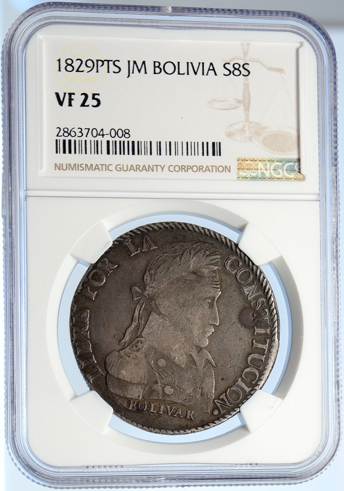 1829 BOLIVIA Antique SIMON BOLIVAR ALPACA Silver 8 Soles Silver Coin NGC i106058