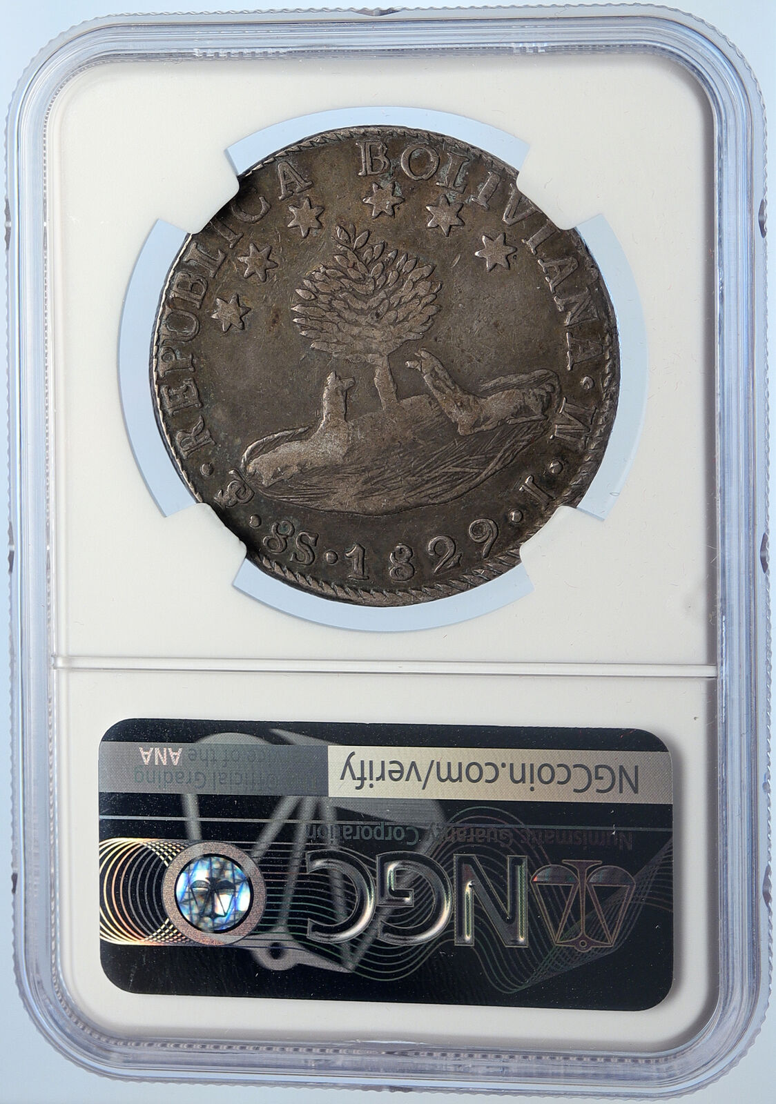 1829 BOLIVIA Antique SIMON BOLIVAR ALPACA Silver 8 Soles Silver Coin NGC i106058