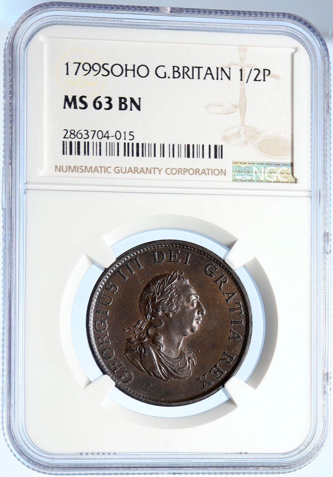 1799 UK GREAT BRITAIN United Kingdom KING GEORGE III 1/2 Penny Coin NGC i106065