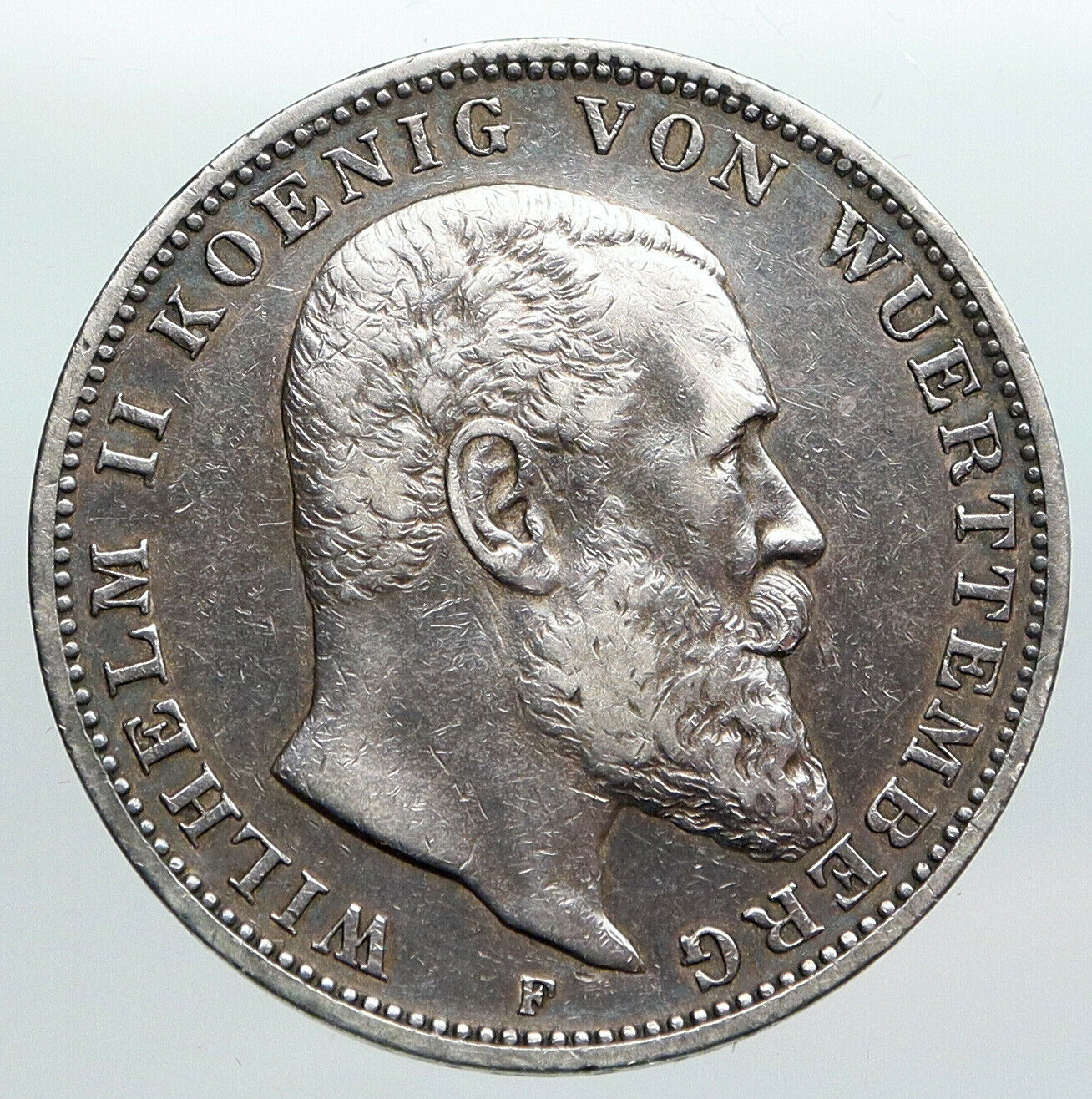 1909F Germany GERMAN STATES Wurttemberg WILHELM II Genuine Silver 3M Coin i90470